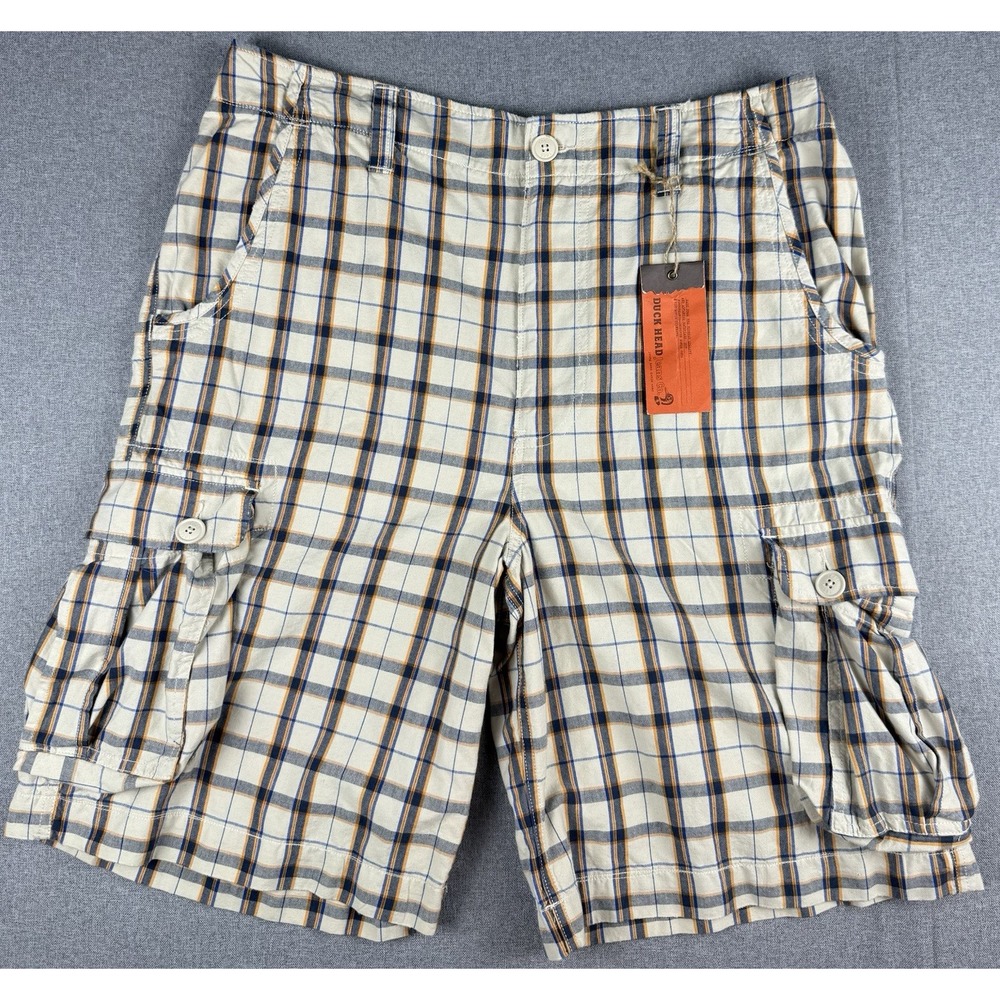 Duck Head Jeans Co. Mens Plaid Cargo Shorts Beige Canvas Cotton Zip 12" Inseam